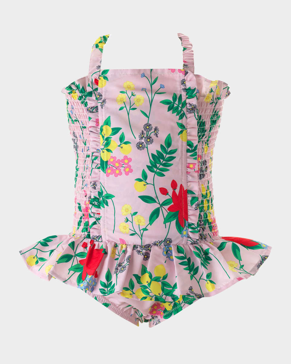 Girl's Botanical Floral Ruched One-Piece Swimsuit, Size 2-8